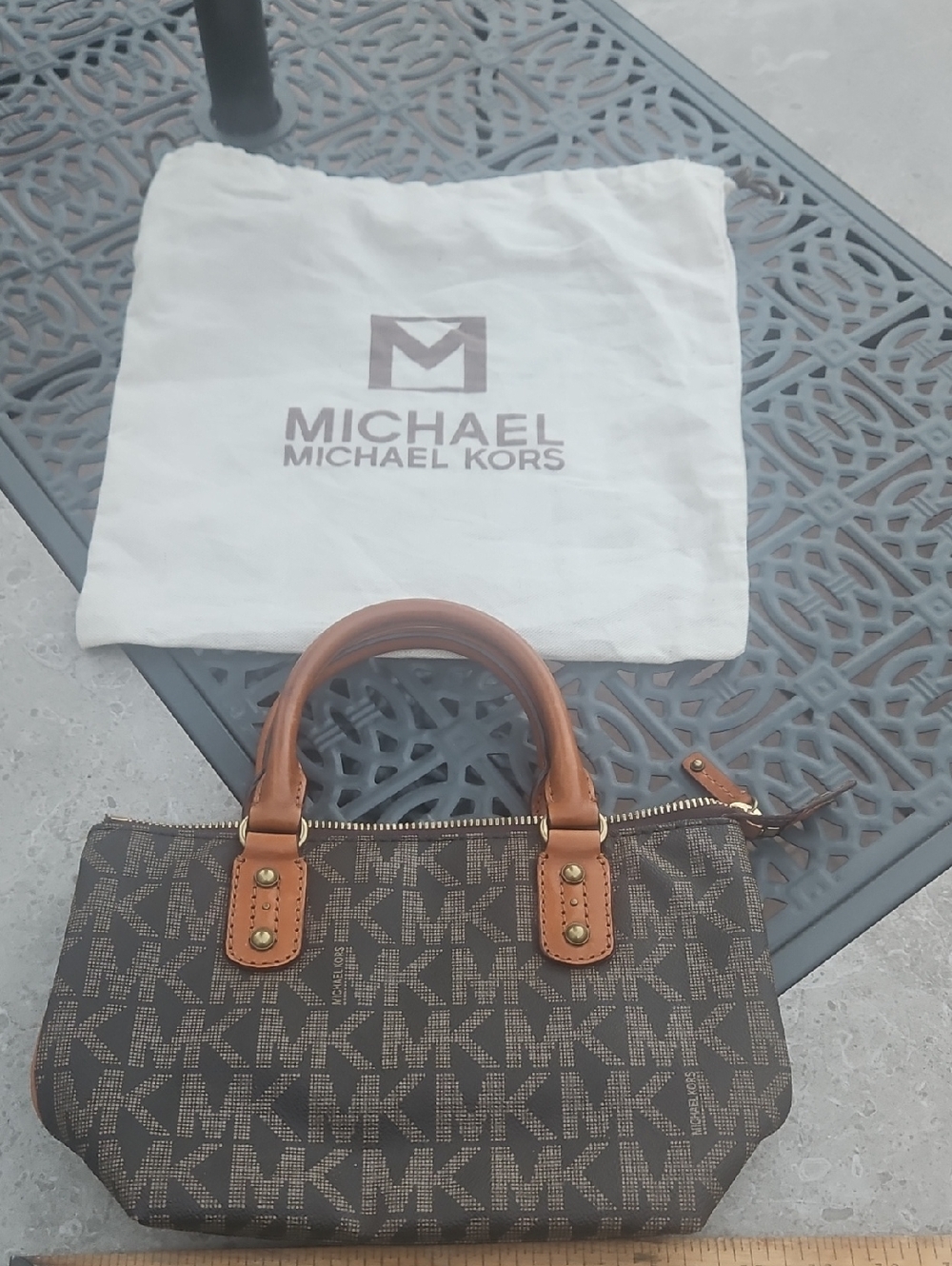 Michael Kors Brown MK Monogram Satchel with Tan Leather Handles